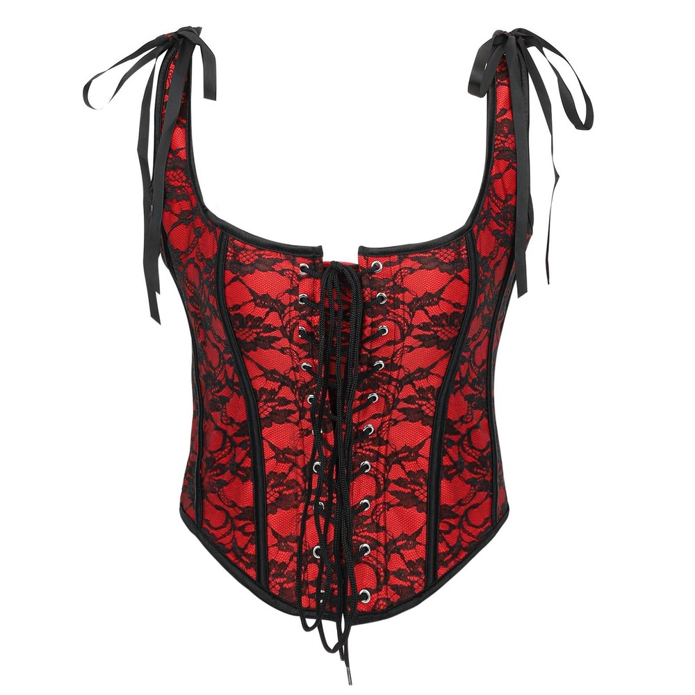 Red Black Lace Corset Top Boho Witchcraft Bustier Halter Ties Back Lace Up XS